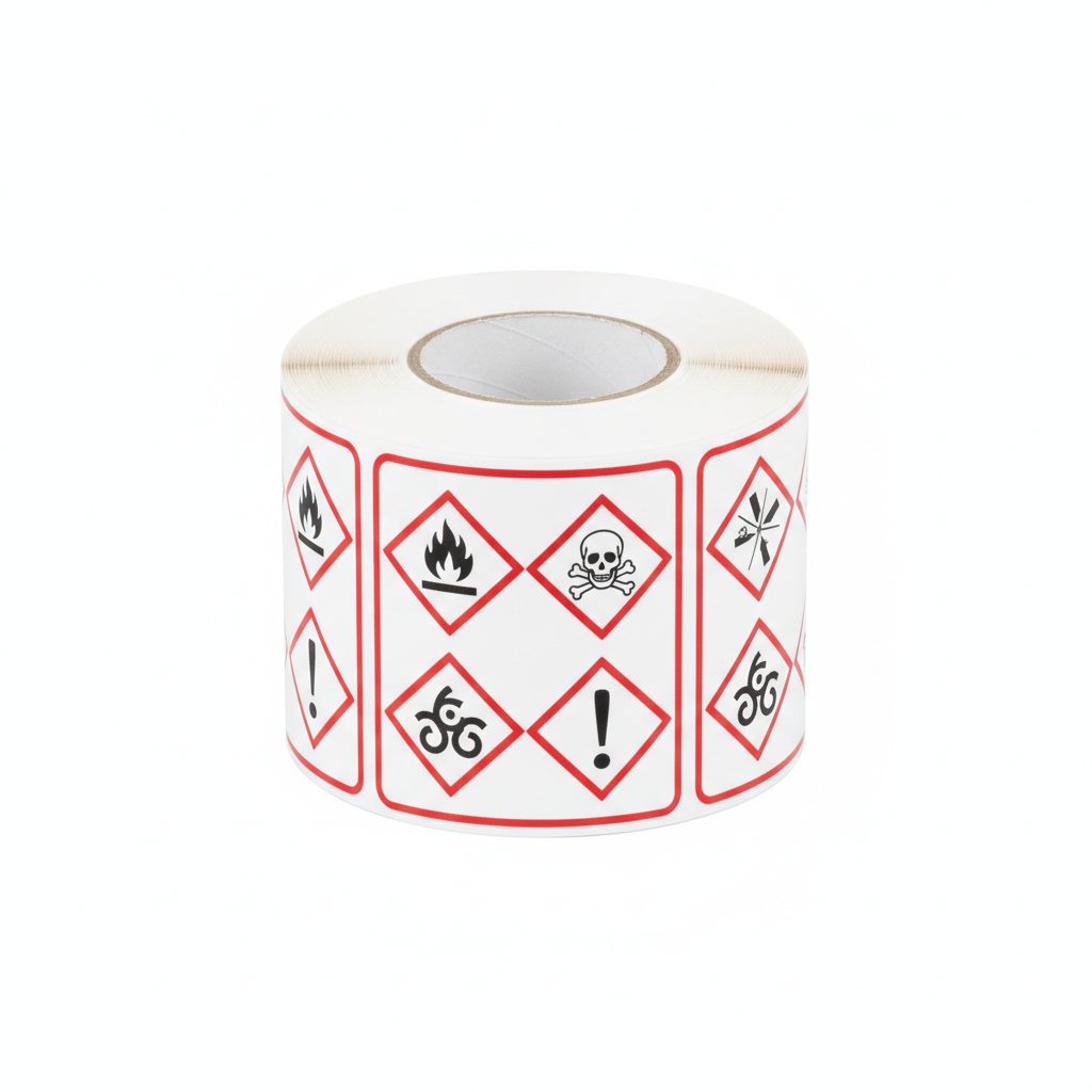 Pre-printed GHS hazard labels with 4 red diamonds (75 mm x 114 mm, 311 labels per roll)