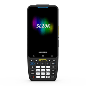 M3 Mobile SL20K with 4-inch display, 2D imager, Android, 4GB RAM, 64GB storage, 4G LTE, Wi-Fi, Bluetooth, NFC, 13MP/5MP cameras, IP65, 30-key numeric keypad, includes hand-strap and protective foil.