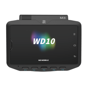 M3 Mobile WD10 wearable computer with 4" display, Android OS, Qualcomm QCS2290, 4 GB RAM, 64 GB storage, 13 MP camera, Wi-Fi, Bluetooth, NFC, and 3350mAh battery.